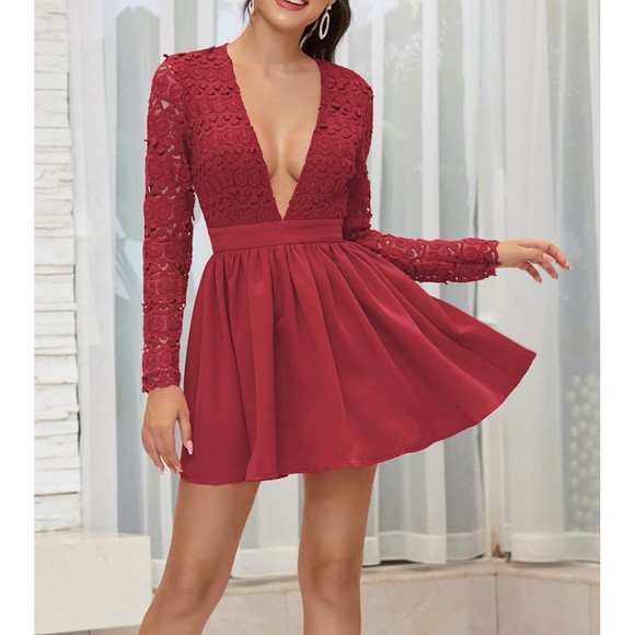 MBM Unlimited Dresses & Skirts - Red Plunge Guipure Lace Long Sleeve Skater Dress